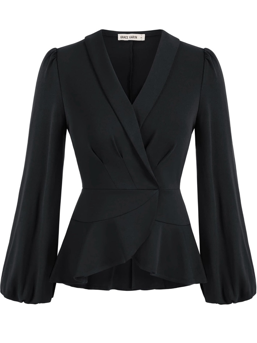 Grace Karin Black Wrap Peplum Blouse with Puff Sleeves